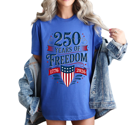 Person wearing a blue t-shirt with an eagle and American flag design celebrating 250 years from 1776 to 2026.