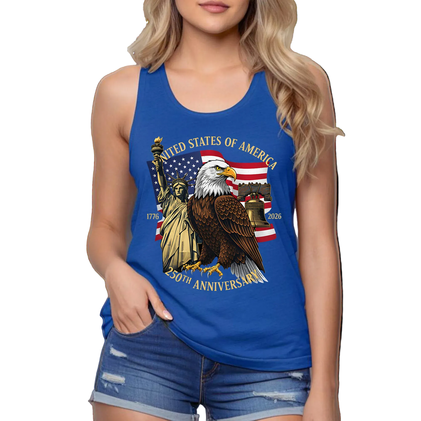 Person wearing a blue tank top with American-themed design on a plain background