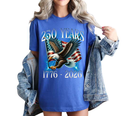 Woman wearing Eagle 250 Years 1776β2026 patriotic American flag shirt, Independence day Shirt