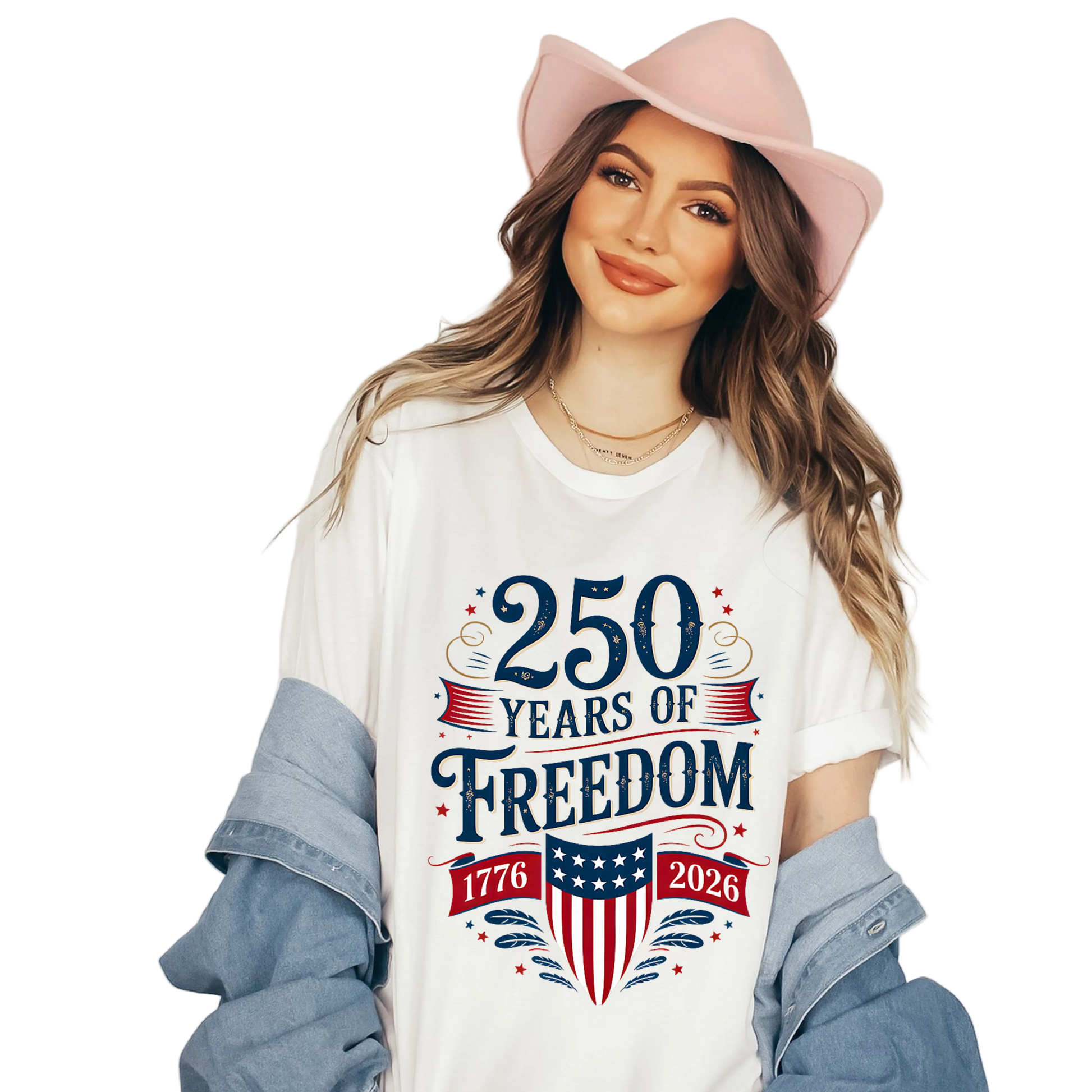 Woman wearing a white 250 Years of Freedom 1776–2026 patriotic America 250 t-shirt design.