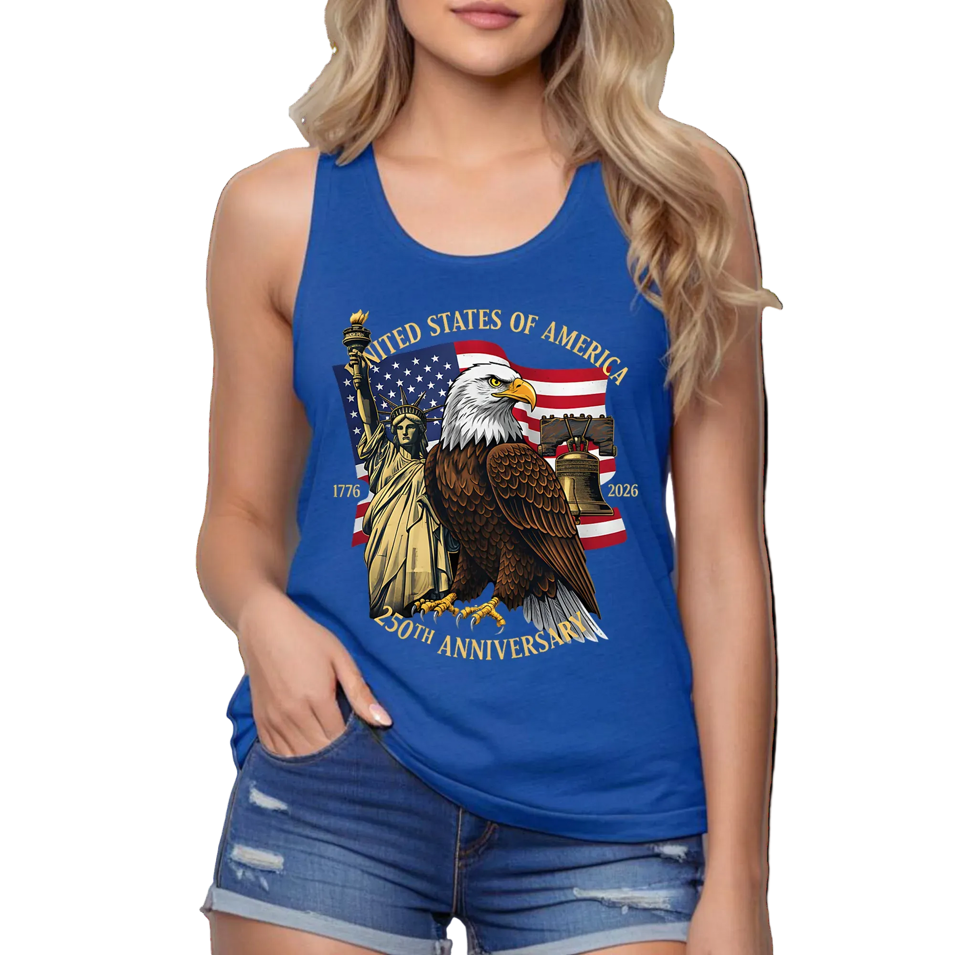 Person wearing a blue tank top with American-themed design on a plain background