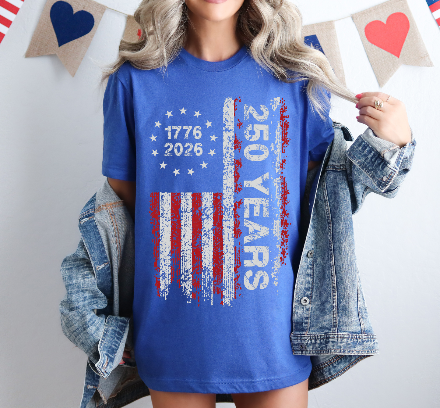 Woman wearing blue America 250 shirt 1776–2026 patriotic 4th of July design, 4th Of July T-Shirt, 4th Of July Shirt