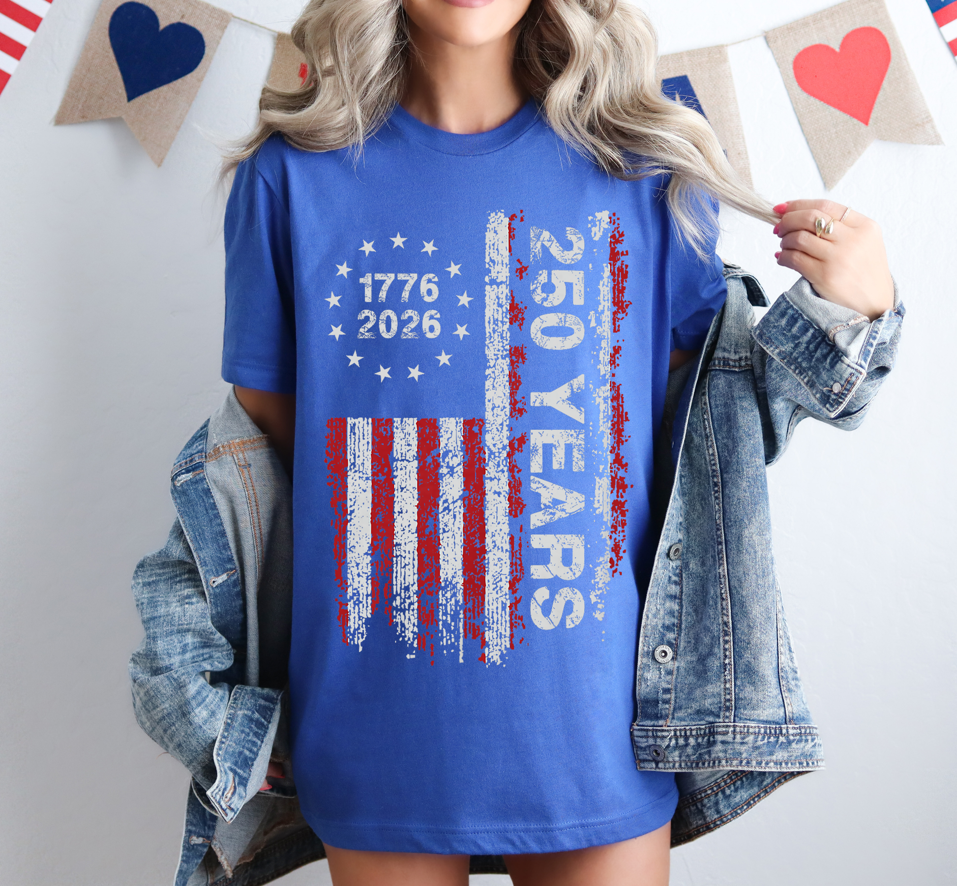 Woman wearing blue America 250 shirt 1776–2026 patriotic 4th of July design, 4th Of July T-Shirt, 4th Of July Shirt