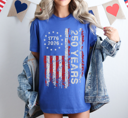 Woman wearing blue America 250 shirt 1776–2026 patriotic 4th of July design, 4th Of July T-Shirt, 4th Of July Shirt
