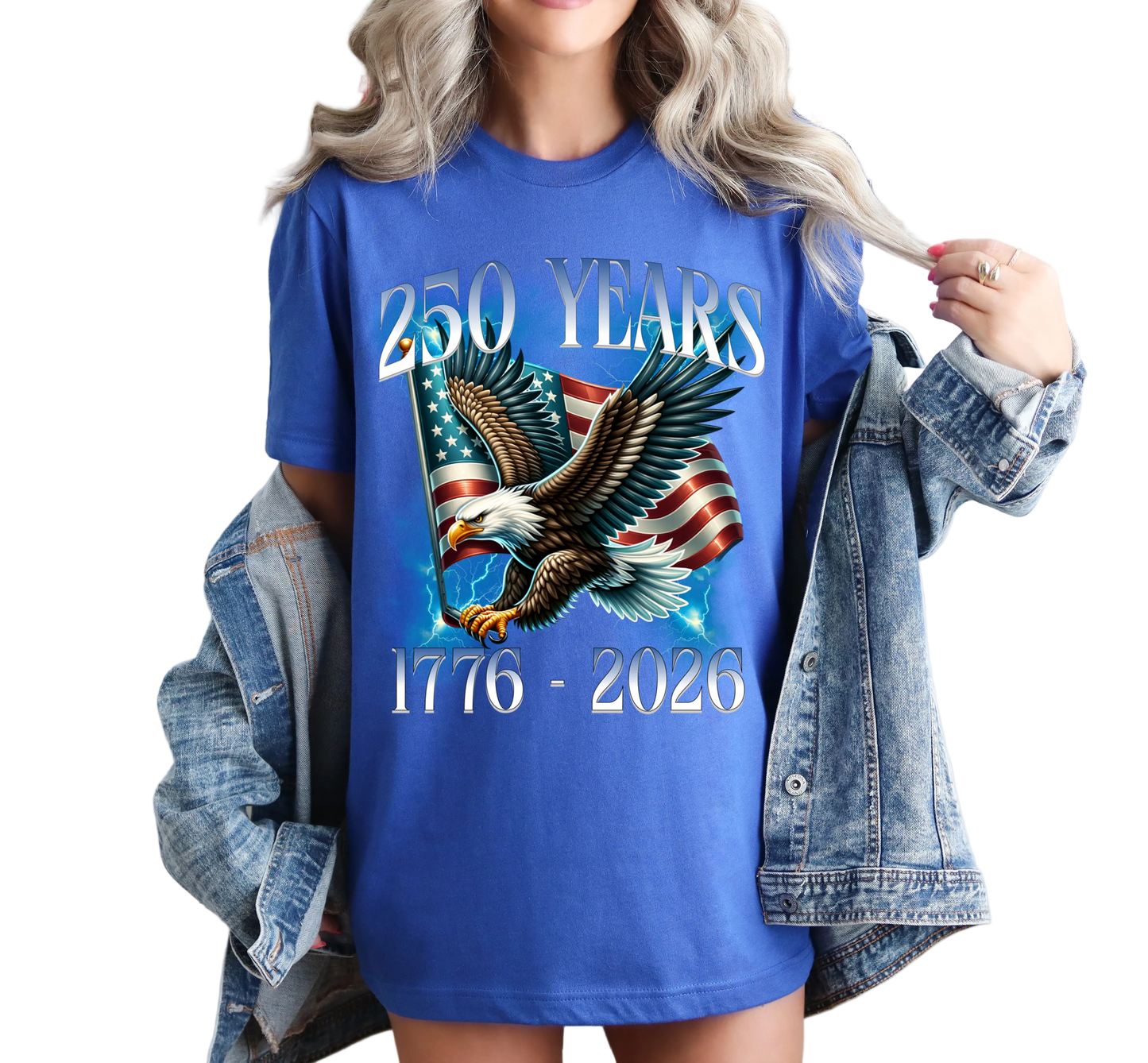 Woman wearing Eagle 250 Years 1776–2026 patriotic American flag shirt, Independence day Shirt