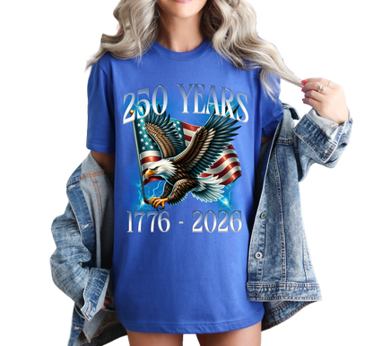Woman wearing Eagle 250 Years 1776–2026 patriotic American flag shirt, Independence day Shirt