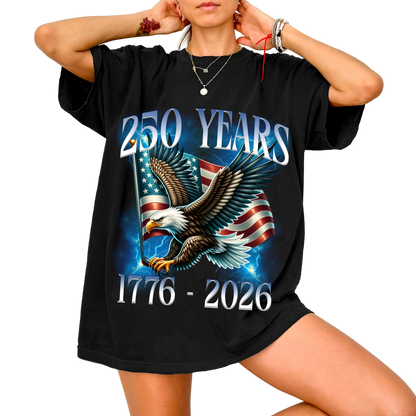 Person wearing a black t-shirt with an eagle and American flag design celebrating 250 years from 1776 to 2026.